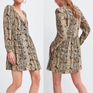 ZARA TRAFALUC Brown Snakeskin Print Button-Up Front Long Sleeve Mini Dress XS